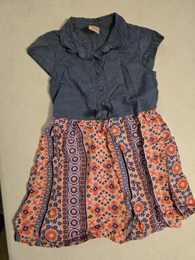 Faded Glory Navy Chambray Top with Coral & Blue Floral Skirt Girls Dress